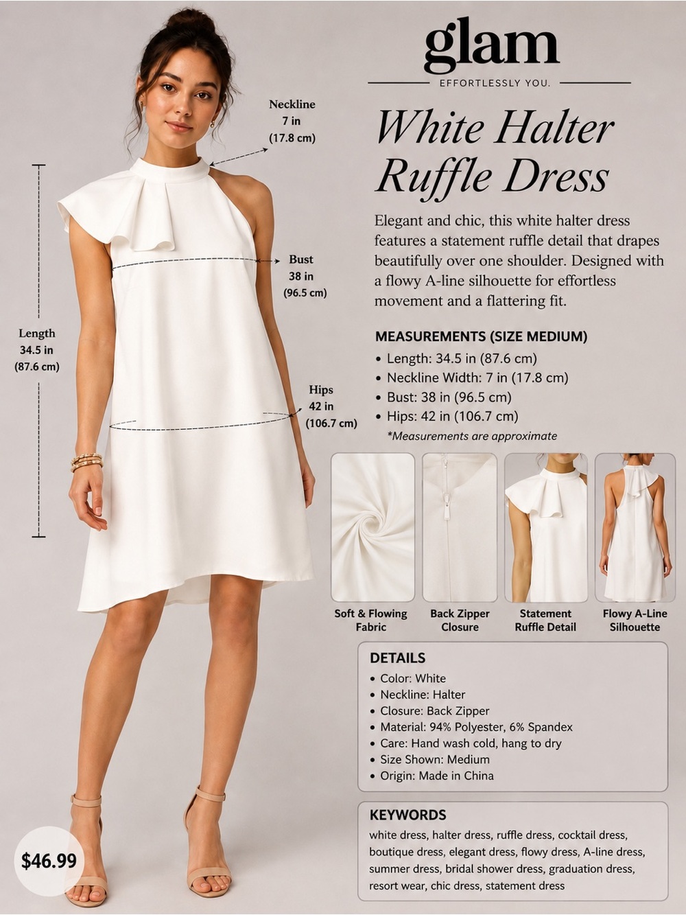 glam White One-Shoulder Ruffle Halter Dress